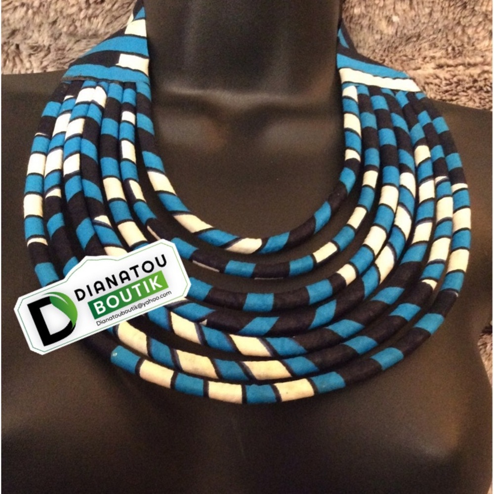 Blue & WhiteAfrican Fabric Maasai Inspired Necklace